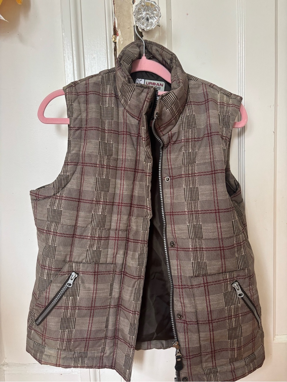 Urban rags Plaid Quilted Vest in Taupe & butgundy